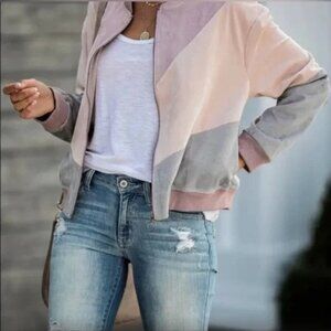 PAPER CRANE Tonal Chevron Color Block Bomber Jacket